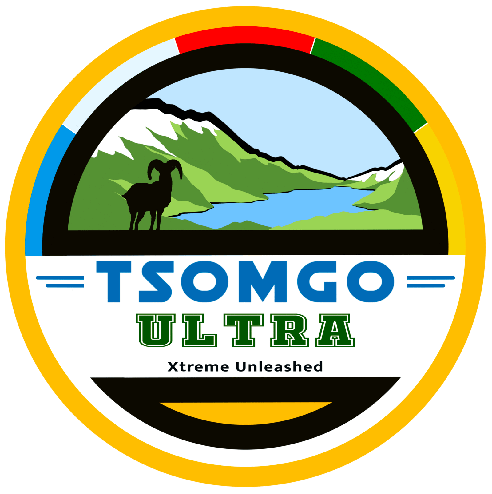Sikkim Tsomgo Ultra 5.0 emblem with a blue sheep against the Tsomgo lake